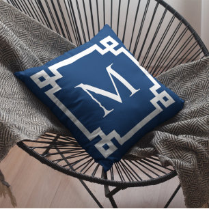 Navy Blue and White Monogrammed Greek Key Border Throw Pillow