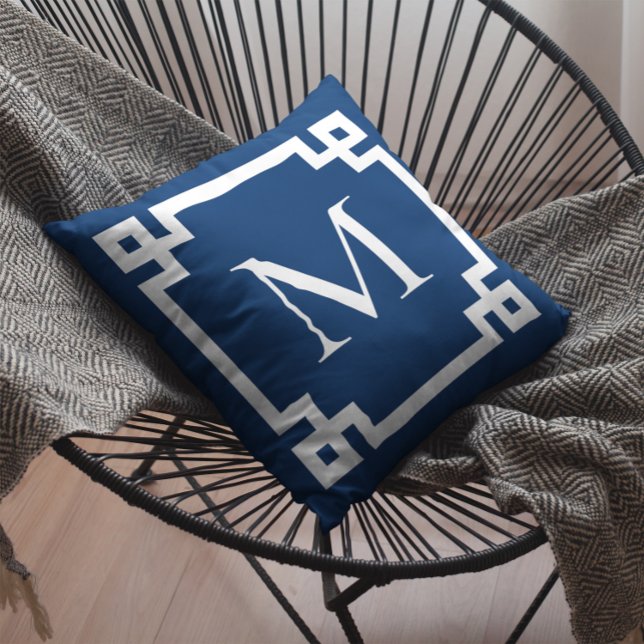 Navy Blue and White Monogrammed Greek Key Border Throw Pillow (Create your own monogrammed Greek Key border square throw pillow.)