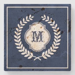 Navy Blue And White Monogrammed Wreath Crest Stone Coaster