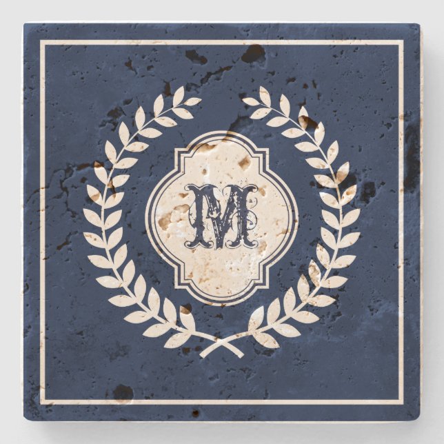 Navy Blue And White Monogrammed Wreath Crest Stone Coaster (Front)