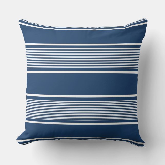 Navy Blue and White Multi Stripe Throw Pillow (Front)