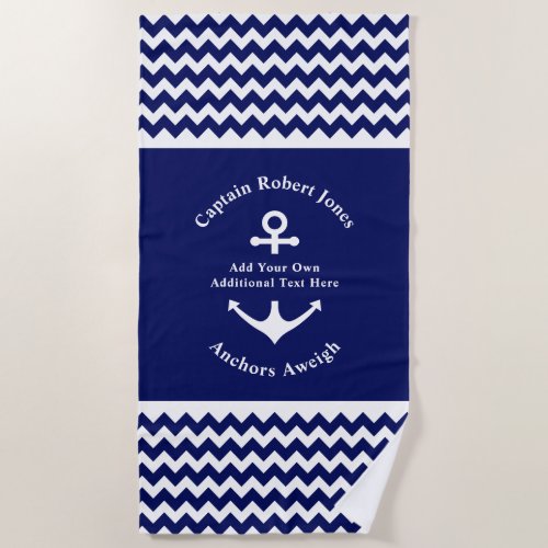 Navy Blue and White Nautical Anchor Custom Text Beach Towel