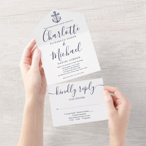 Navy Blue And White Nautical Anchor Script Wedding All In One Invitation