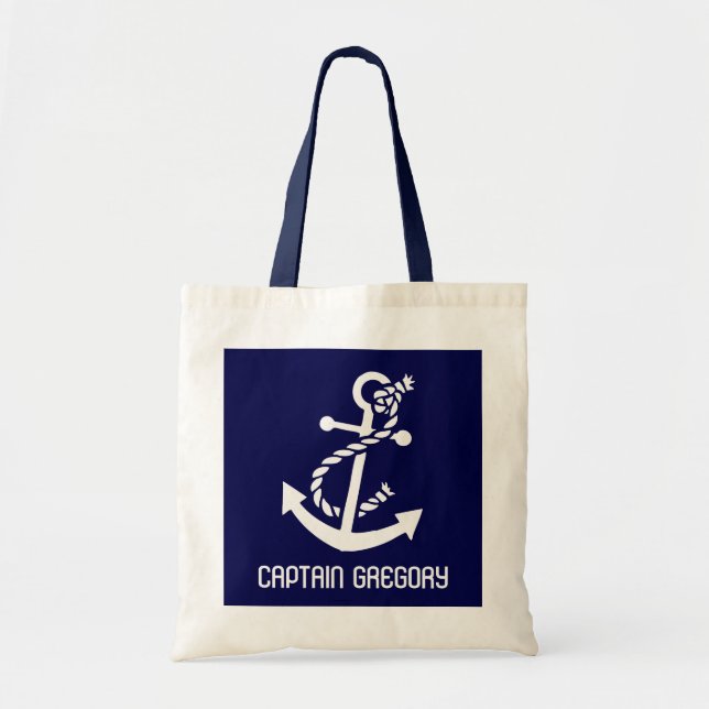 Navy Blue And White Nautical Anchor Tote Bag (Front)