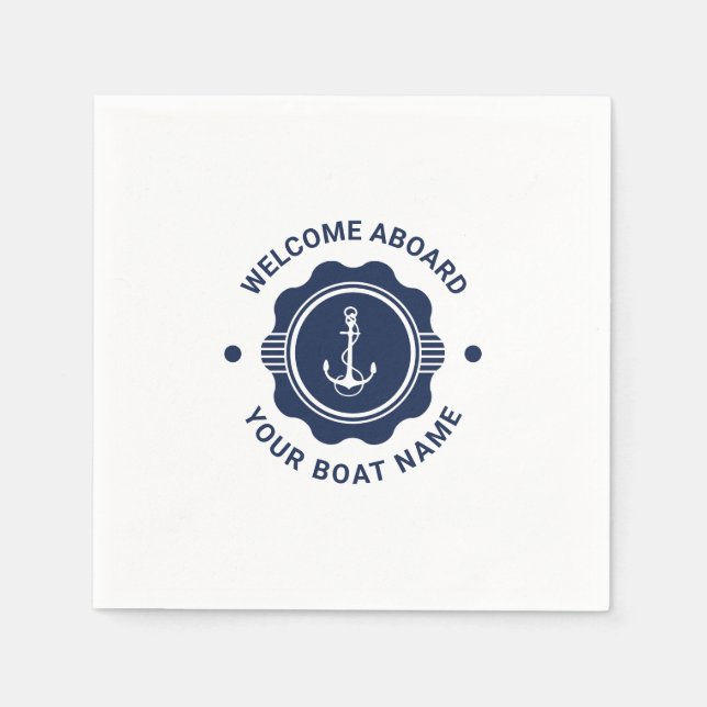 Navy blue and white nautical boat wheel and anchor napkins (Front)