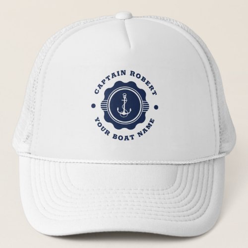 Navy blue and white nautical boat wheel and anchor trucker hat