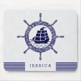 Navy Blue And White Nautical Boat Wheel Mouse Pad