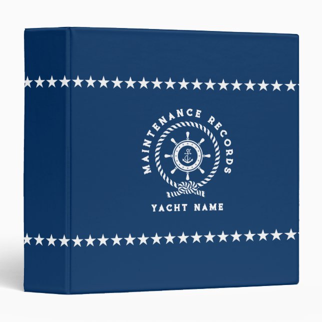 Navy blue and white nautical boat wheel rope knot 3 ring binder (Front/Spine)