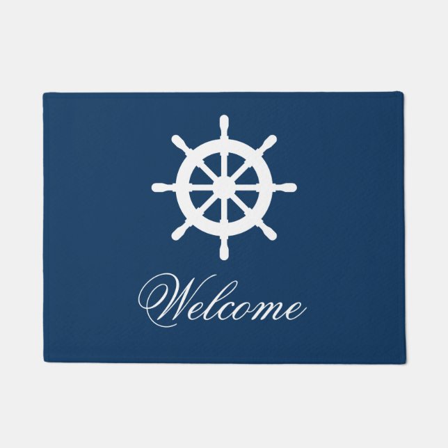 Navy blue and white nautical custom door mat (Front)