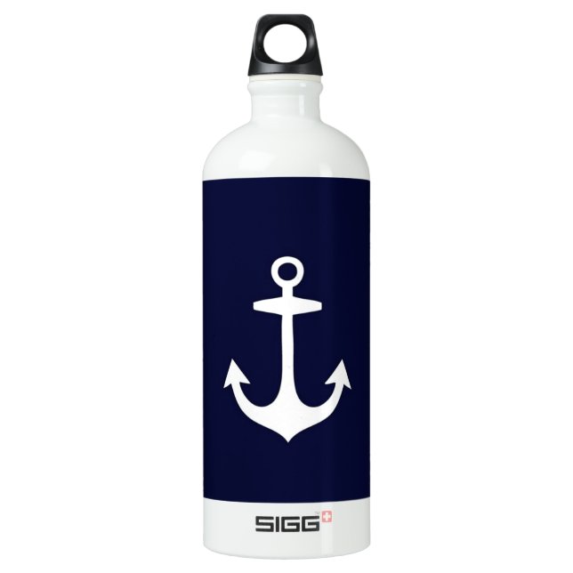 Navy Blue and White Nautical Inspired Aluminum Water Bottle (Front)