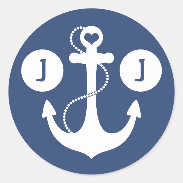 Navy Blue and White Nautical Monogram Classic Round Sticker (Front)