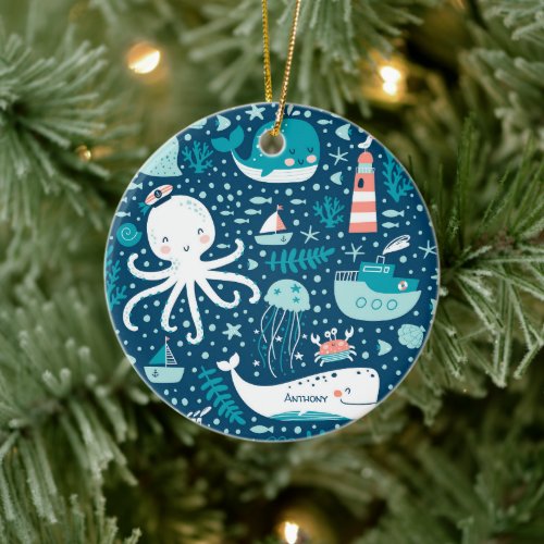 Navy Blue and White Nautical Ocean Boy Christmas Ceramic Ornament