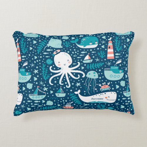 Navy Blue and White Nautical Ocean Pattern Boy Accent Pillow