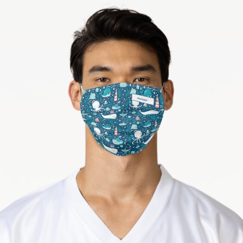 Navy Blue and White Nautical Ocean Pattern Boy Adult Cloth Face Mask