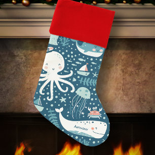 Navy Blue and White Nautical Ocean Pattern Boy Christmas Stocking