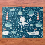 Navy Blue and White Nautical Ocean Pattern Boy Jigsaw Puzzle<br><div class="desc">Add a custom nautical touch to your little kid's game collection with this adorable ocean jigsaw puzzle. Puzzle has a pattern of a whale, octopus, sailboat, steam boat, jellyfish, and lighthouse on a navy blue background. Puzzle may be personalized with the first name of your kid. Jigsaw puzzle makes a...</div>