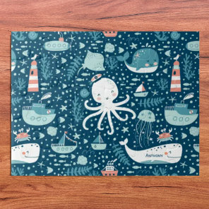 Navy Blue and White Nautical Ocean Pattern Boy Jigsaw Puzzle