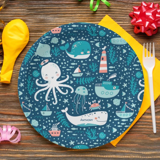 Navy Blue and White Nautical Ocean Pattern Boy Paper Plates (Creator Uploaded)