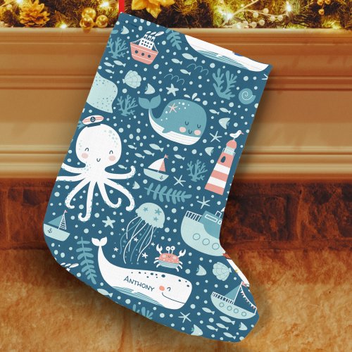 Navy Blue and White Nautical Ocean Pattern Boy Small Christmas Stocking