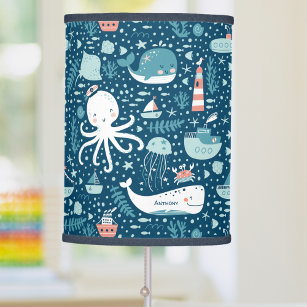 Navy Blue and White Nautical Ocean Pattern Boy Table Lamp