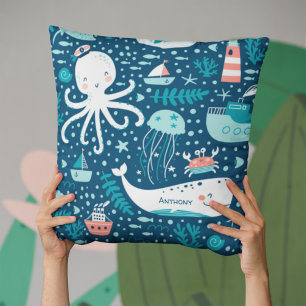 Navy Blue and White Nautical Ocean Pattern Boy Throw Pillow