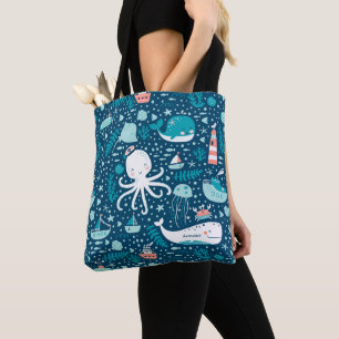 Navy Blue and White Nautical Ocean Pattern Boy Tote Bag