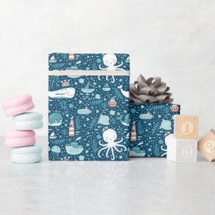 Navy Blue and White Nautical Ocean Pattern Boy Wrapping Paper
