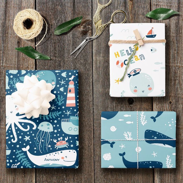 Navy Blue and White Nautical Ocean Pattern Boy Wrapping Paper Sheets (Creator Uploaded)