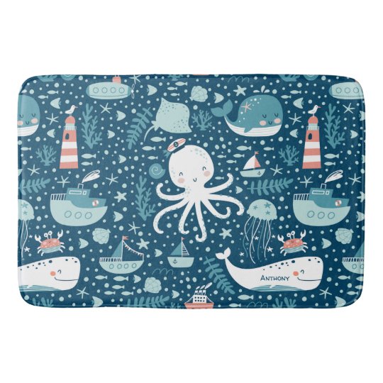 Navy Blue and White Nautical Pattern Boy Bathroom Bath Mat | Zazzle.com