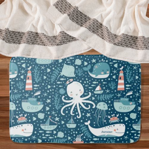 Navy Blue and White Nautical Pattern Boy Bathroom Bath Mat