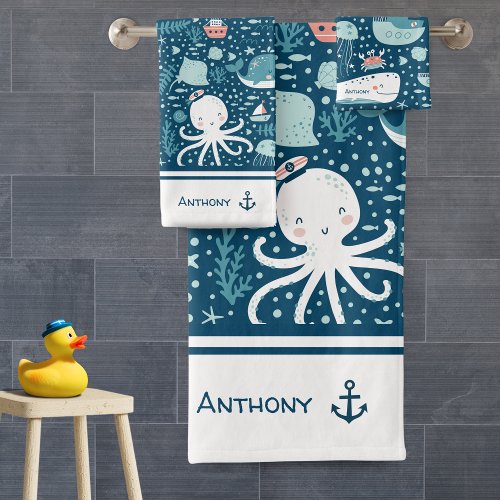 Navy Blue and White Nautical Pattern Boy Bathroom Bath Towel Set