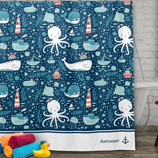 Navy Blue and White Nautical Pattern Boy Bathroom Shower Curtain (Creator Uploaded)