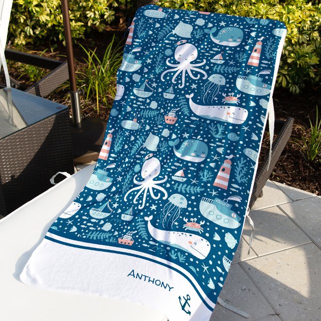 Navy Blue and White Nautical Pattern Boy Beach Towel (Creator Uploaded)