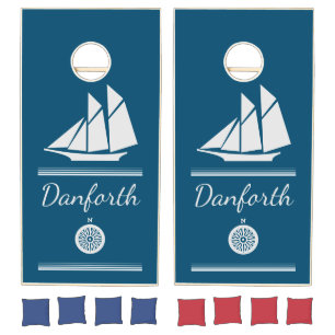 Navy Blue and White Nautical Sailboat Cornhole Set