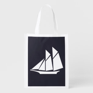 navy blue and white nautical SAILING SHIP Grocery Bag