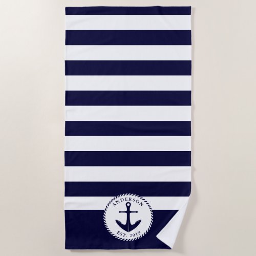 Navy Blue and White Nautical Ship Anchor Beach Towel