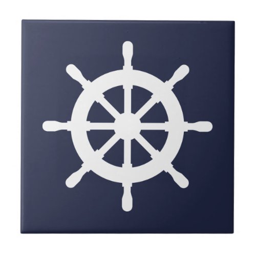 Navy blue and white nautical ship wheel helm ceramic tile