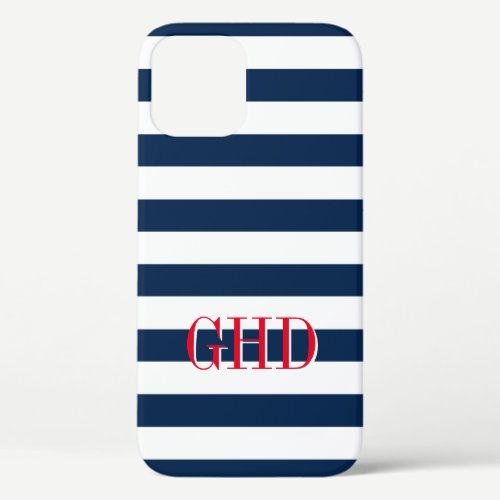Navy blue and white nautical stripes custom name iPhone 12 case