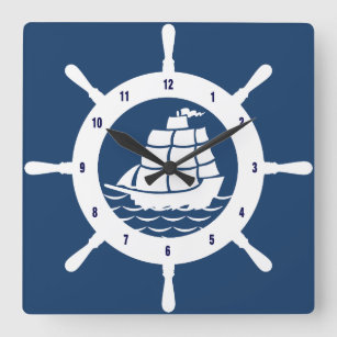 Navy Blue And White Nautical Wheel Square Wall Clock