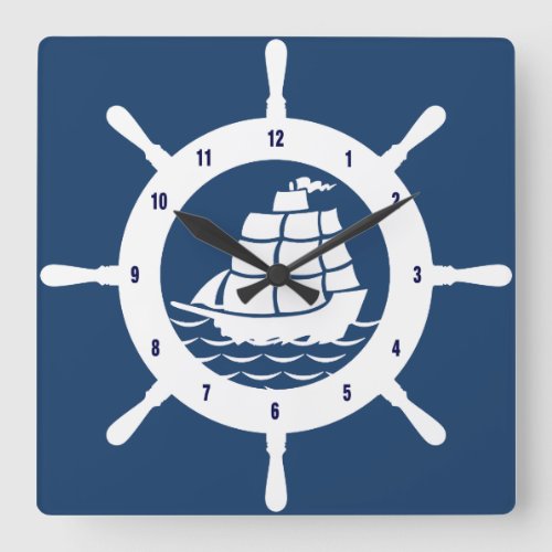 Navy Blue And White Nautical Wheel Square Wall Clock