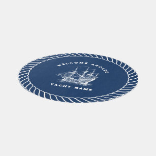 Navy-blue and white, nautical wind sailing boat outdoor rug