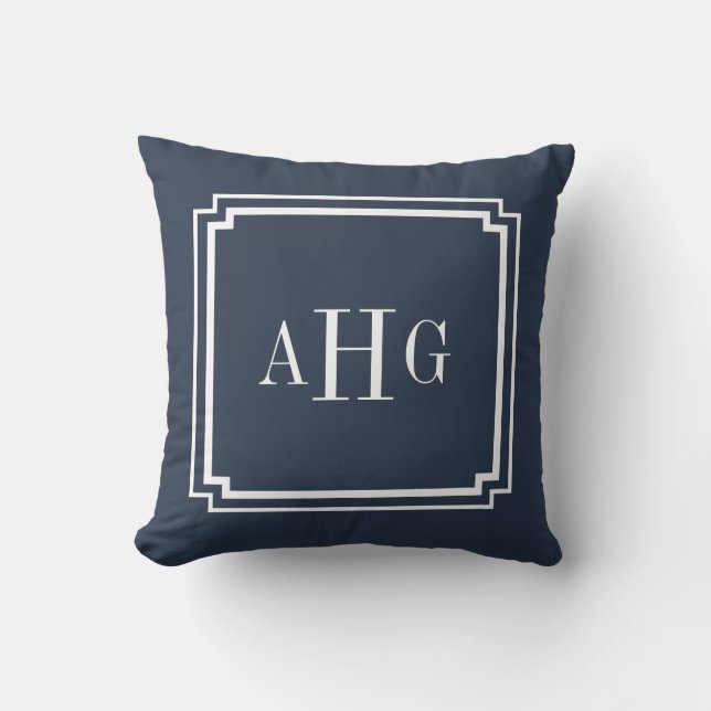 Navy Blue and White Notched Corner Custom Monogram Throw Pillow (Front)