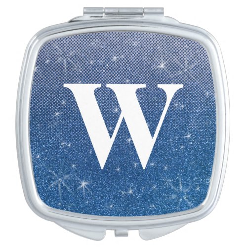 Navy Blue and White Ombre Sparkle Glitter Monogram Compact Mirror