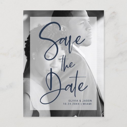 Navy Blue and White Overlay  Photo Save the Date Announcement Postcard