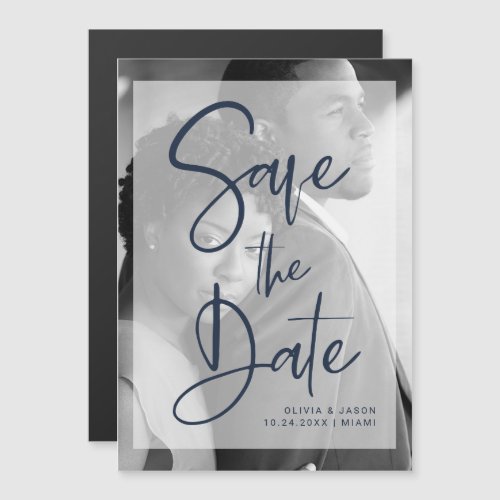 Navy Blue and White Overlay  Photo Save the Date Magnetic Invitation