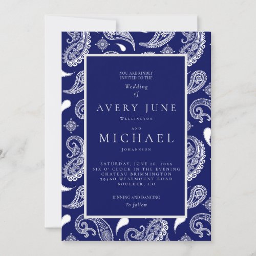 Navy blue and white paisley  invitation