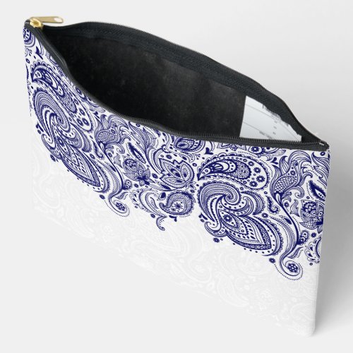 Navy Blue And White Paisley Lace Accessory Pouch