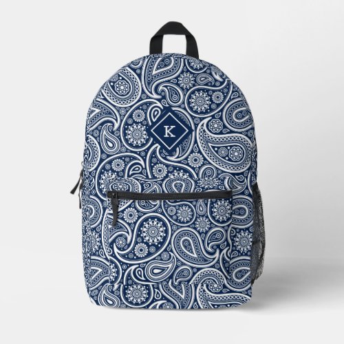 Navy_blue and white paisley pattern monogram printed backpack