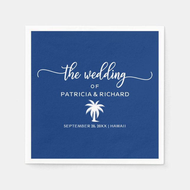 Navy Blue and White Palm Tree Destination Wedding Napkins (Front)