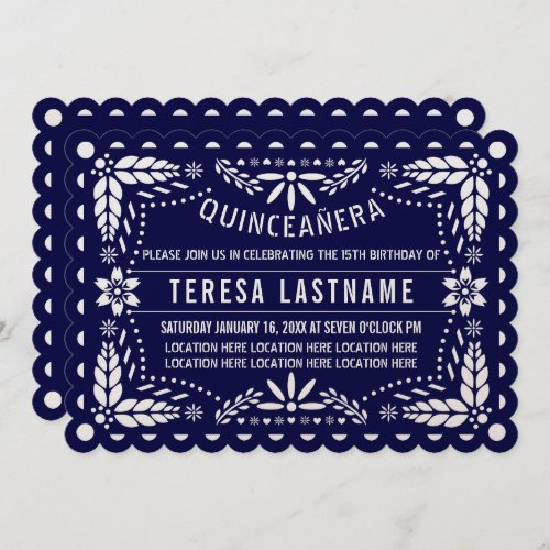 Navy blue and white papel picado Quinceaera Invitation